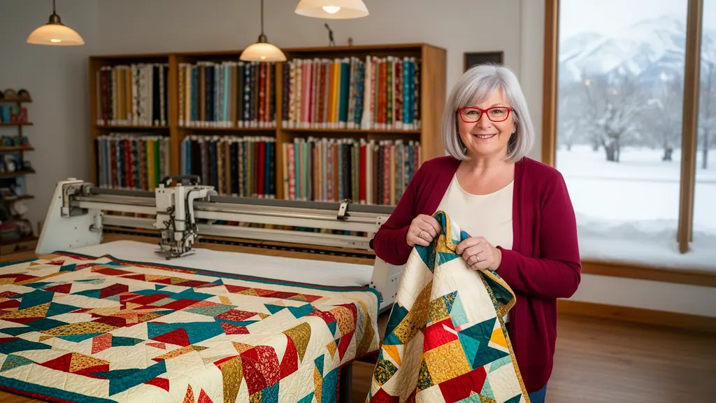 A smiling quilt-shop owner holds up a bright geometric quilt in her studio, walls of fabric bolts and a snowy window behind her.
